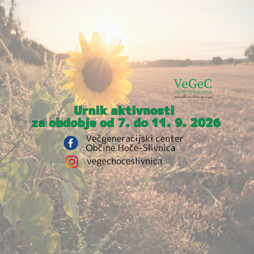 Urnik aktivnosti VeGeC OHS za obdobje od 7. do 11. 9. 2026